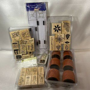Stampin Up Lot Rubber Stamps Wood Mounted Wheels